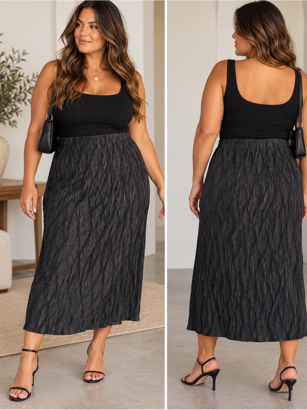 Vintage Azzara Black Crinkle Pleated Midi Skirt Size 1X Made in Canada
